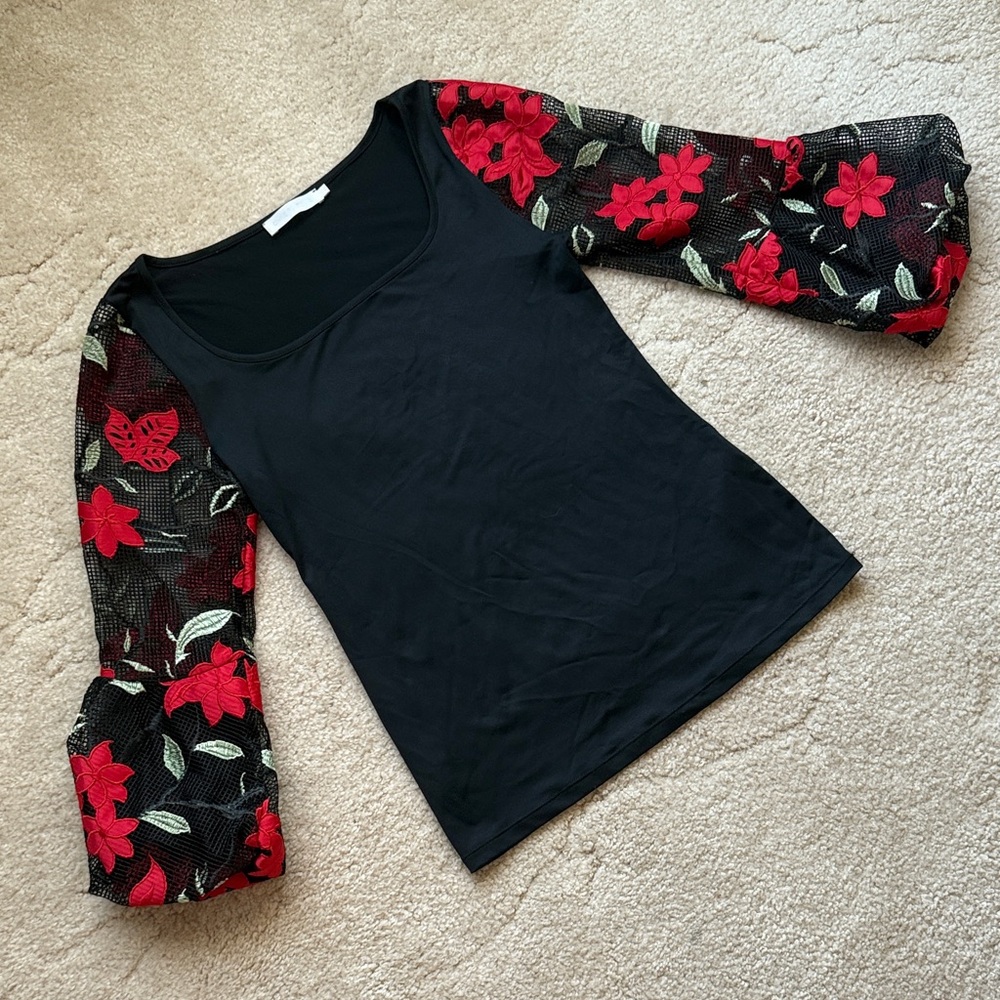 Anne Fontaine Red Floral ‘Maera’ 3/4 Sleeve Blouse, Size Fr40, US 6-8